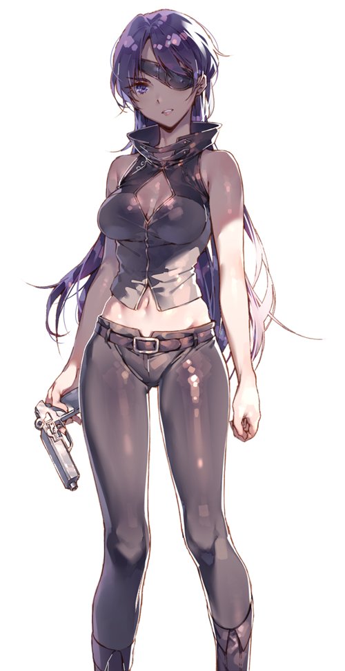 1girl bare_shoulders black_boots black_pants boots breasts cleavage cleavage_cutout clenched_teeth collar dsmile gun handgun holding_gun holding_weapon knee_boots long_hair mirai_nikki navel pants parted_lips purple_hair shiny shiny_clothes shirt simple_background sleeveless sleeveless_shirt solo standing stomach tank_top teeth uryuu_minene very_long_hair violet_eyes weapon white_background