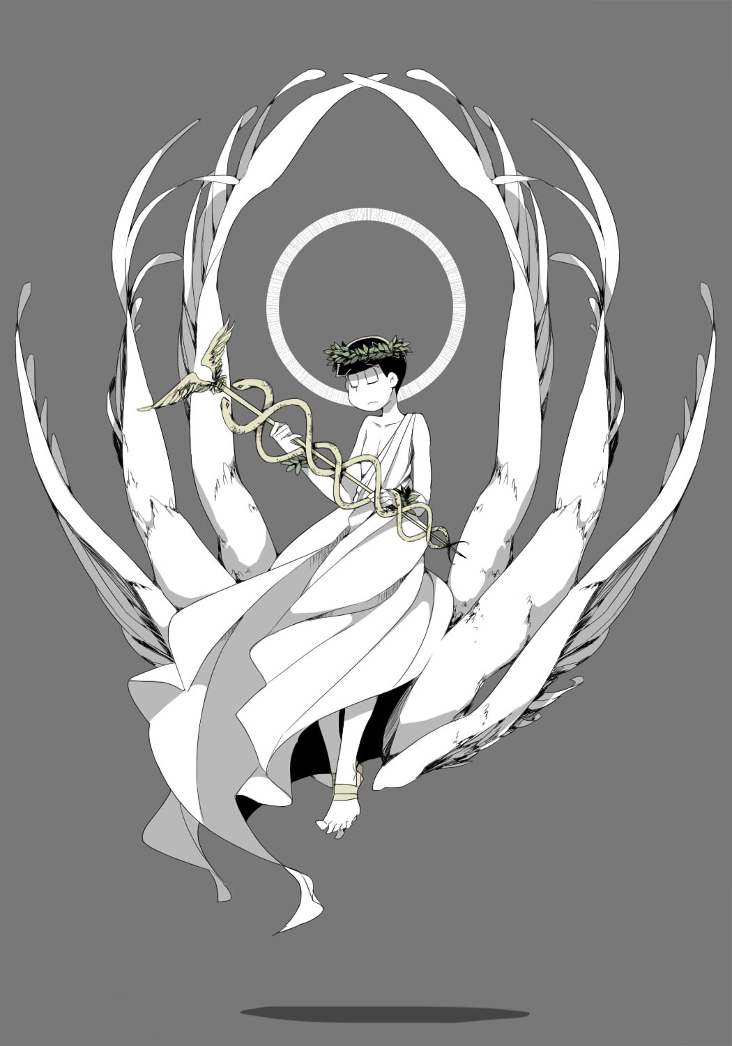 1boy :&lt; alternate_costume ankle_wings bare_shoulders barefoot_sandals black_hair caduceus chiton closed_eyes closed_mouth collarbone feathered_wings floating full_body grey_background halo head_wreath highres holding holding_staff leaf male_focus matsuno_choromatsu multiple_wings osomatsu-kun osomatsu-san sameko simple_background snake solo white_skin wings