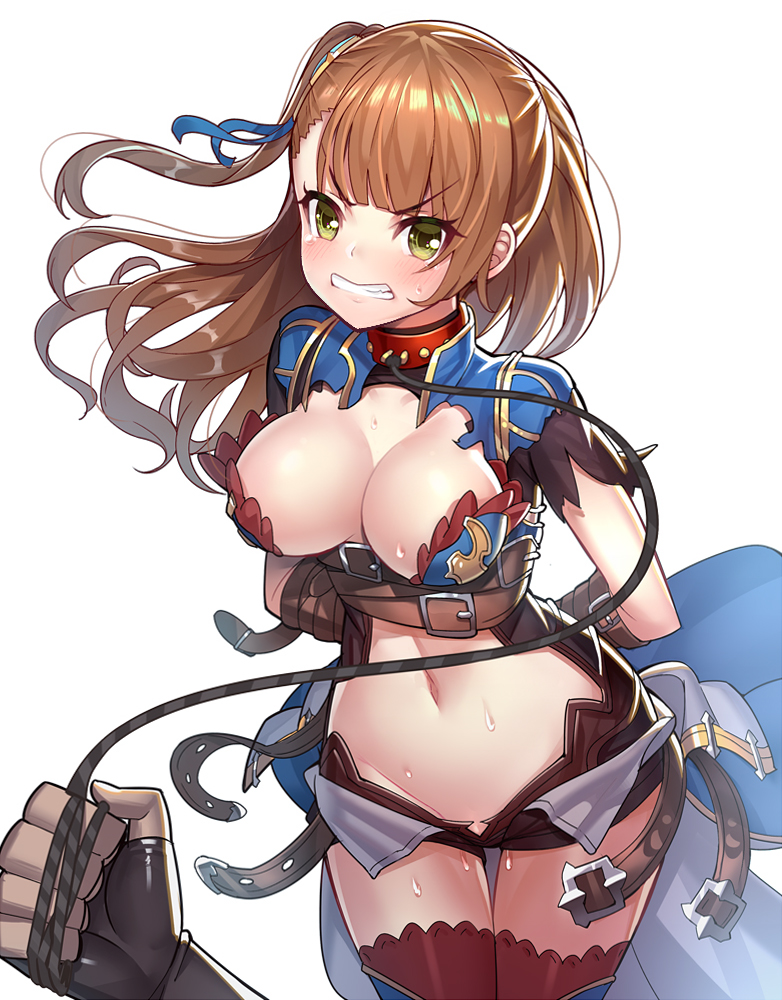 1girl armor arms_behind_back bangs beatrix_(granblue_fantasy) belt black_gloves blunt_bangs blush bound bound_wrists breasts brown_hair cleavage clenched_teeth collar cowboy_shot dog_collar fingerless_gloves gloves granblue_fantasy green_eyes hair_ribbon hands holding_leash large_breasts leash long_hair navel one_side_up open_fly out_of_frame restrained ribbon ririko_(zhuoyandesailaer) short_sleeves simple_background solo_focus stomach sweat sweatdrop thigh-highs thigh_gap torn_clothes unzipped white_background