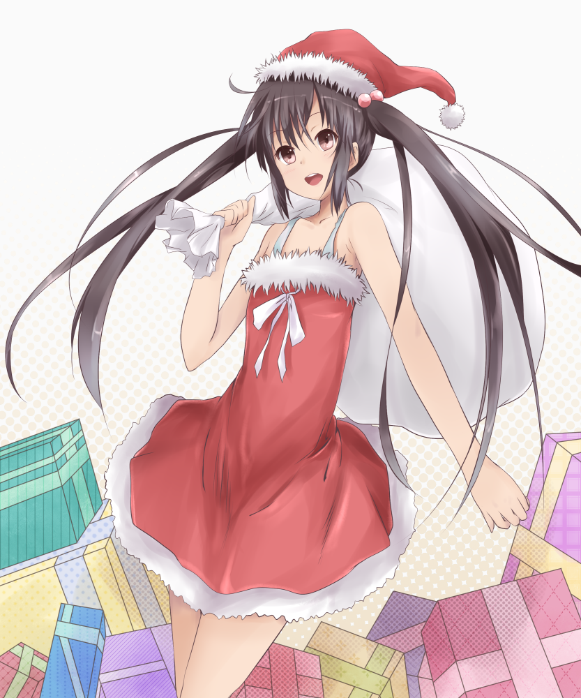 1girl brown_eyes brown_hair dress hat k-on! long_hair nakano_azusa open_mouth red_dress santa_costume santa_hat solo twintails yuki_(sangeki5806)