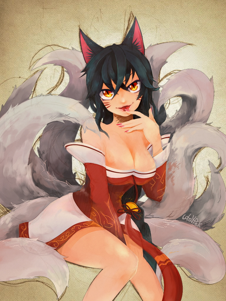 1girl ahri animal_ears bare_shoulders between_legs black_hair breasts cleavage detached_sleeves facial_mark finger_to_mouth fingernails fox_ears fox_tail hand_between_legs korean_clothes large_breasts league_of_legends long_hair looking_at_viewer multiple_tails sharp_fingernails signature sitting solo tail tongue tongue_out upper_body uta_jinro whisker_markings yellow_eyes