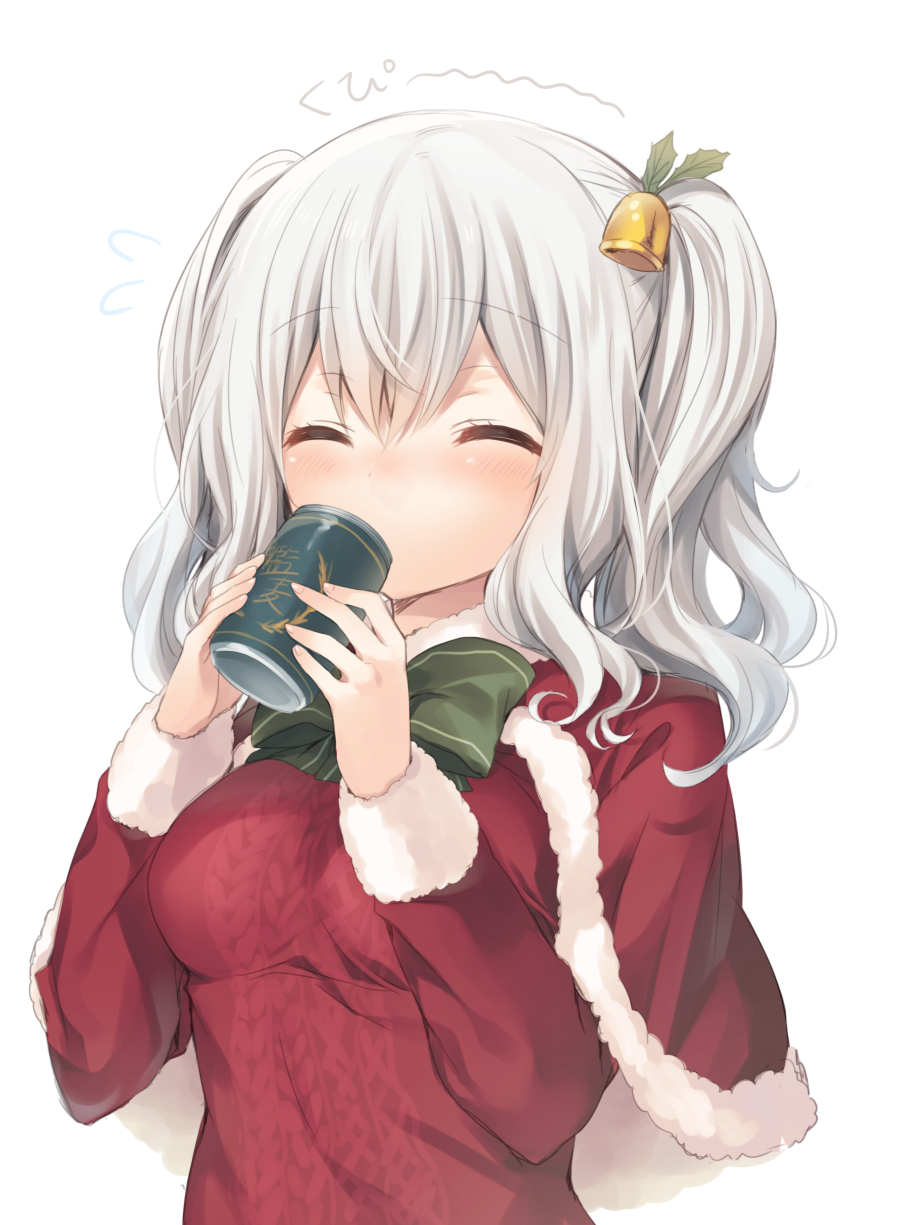 1girl aran_sweater bell blush bow breasts can capelet christmas closed_eyes drinking flying_sweatdrops green_bow hair_bell hair_ornament highres holding_can kantai_collection kashima_(kantai_collection) kasu_(return) santa_costume silver_hair solo sweater twintails upper_body