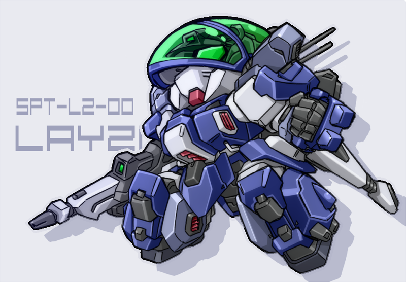 beam_rifle blue_comet_spt_layzner character_name chibi clenched_hand energy_gun grey_background karukan_(monjya) layzner mecha no_humans shadow solo