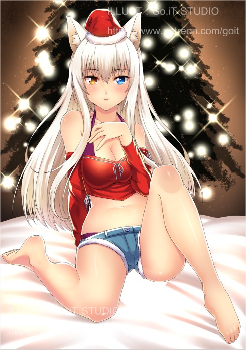 1girl animal_ears bare_legs bare_shoulders barefoot blue_eyes breasts cat_ears cleavage coconut_(sayori) detached_sleeves go-it hat heterochromia large_breasts light_smile long_hair looking_at_viewer midriff navel nekopara santa_hat short_shorts shorts sitting solo watermark web_address white_hair yellow_eyes