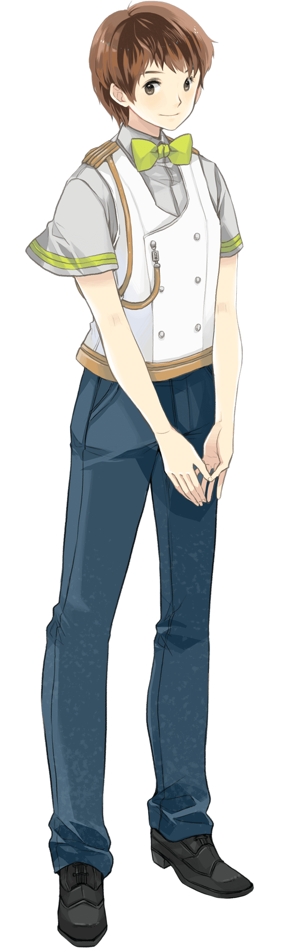 1boy blue_pants bowtie brown_eyes brown_hair chris4708 dress_shirt epaulettes full_body green_bowtie hands_together highres looking_at_viewer niconico pants shirt short_hair short_sleeves shounen_t smile solo strap transparent_background uniform waistcoat