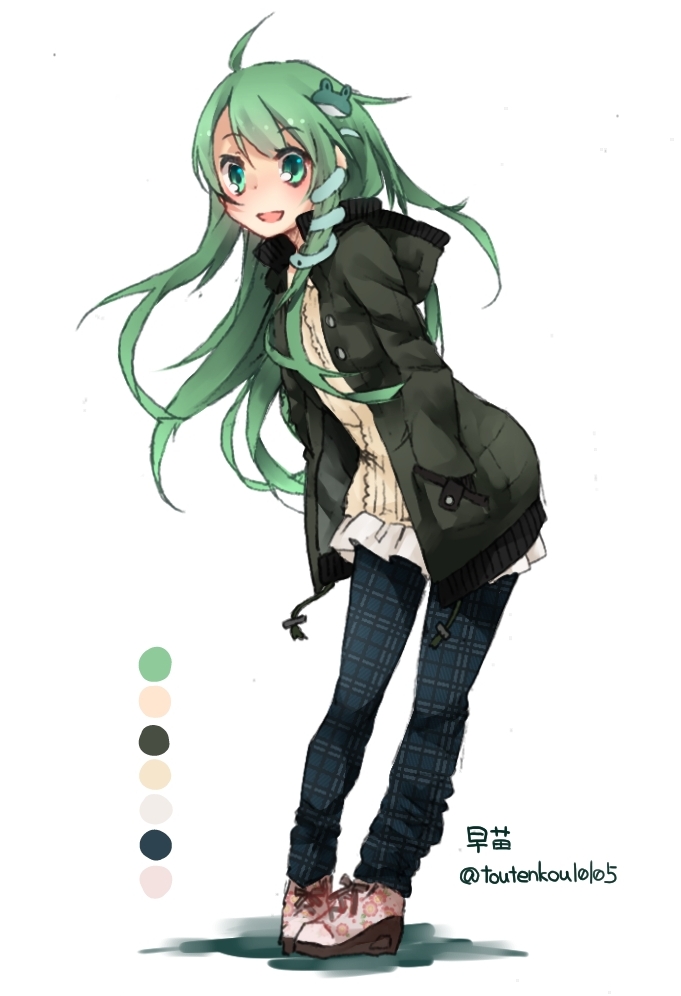 1girl alternate_costume bent_over coat color_guide contemporary frog_hair_ornament full_body green_eyes green_hair hair_ornament hands_in_pockets hood kochiya_sanae long_hair long_sleeves open_mouth pants plaid plaid_pants shirt shoes simple_background smile snake_hair_ornament sneakers solo touhou toutenkou twitter_username white_background