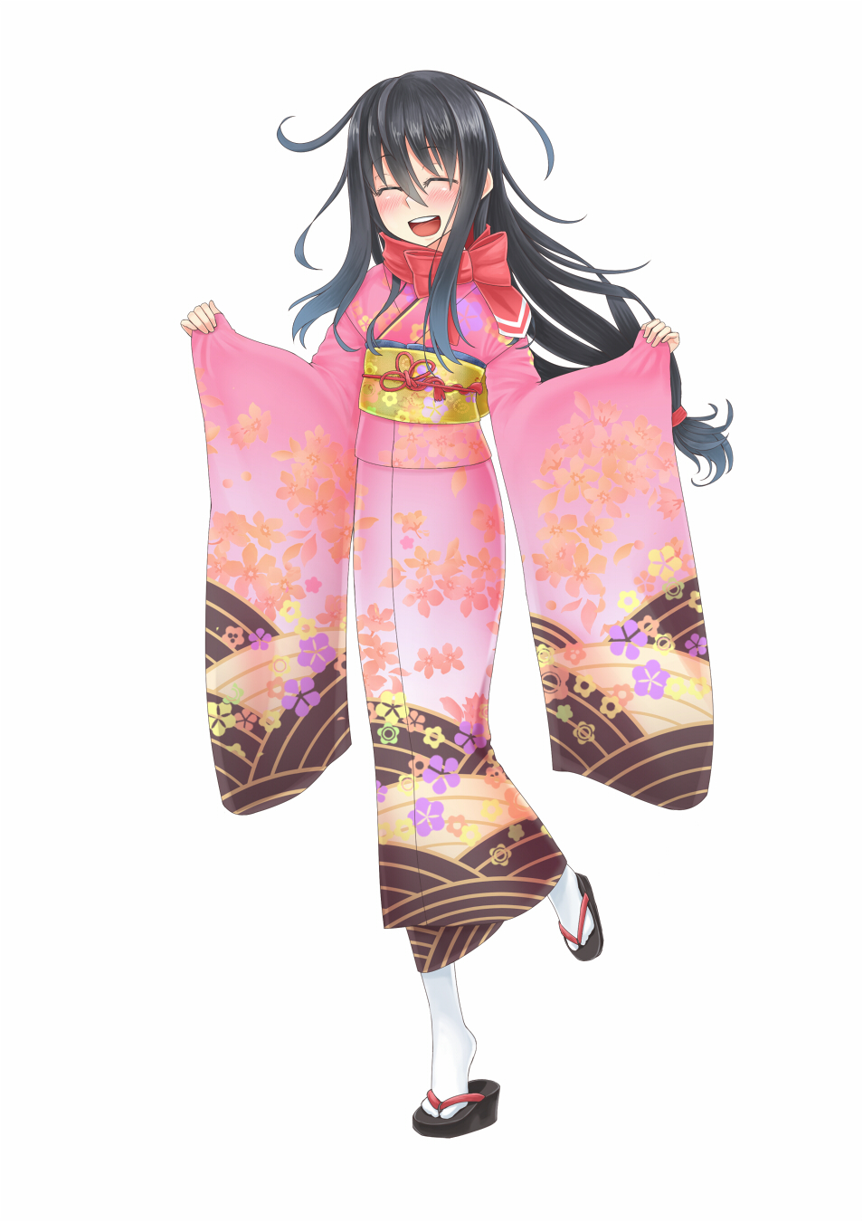 1girl alternate_costume black_hair blush closed_eyes commentary_request gradient_hair hatsushimo_(kantai_collection) highres japanese_clothes kantai_collection kimono long_hair multicolored_hair obi open_mouth sash smile solo zaki_(2872849)