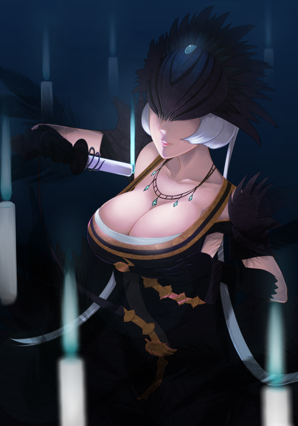 1girl black_dress black_gloves breasts candle cleavage dress gloves highres jewelry large_breasts mask necklace nox_(smite) parted_lips short_hair smite solo takk0312 white_hair