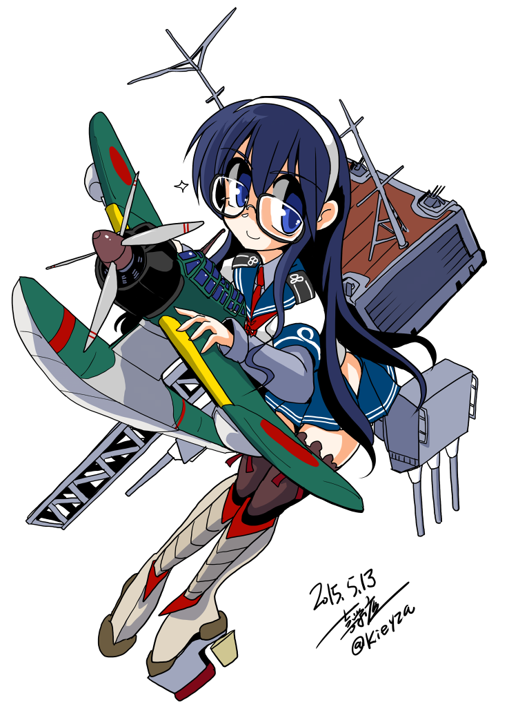 1girl aircraft_catapult airplane black_hair blue_eyes cannon glasses hairband high_heels hip_vent kantai_collection kieyza lace lace-trimmed_thighhighs long_hair ooyodo_(kantai_collection) platform_footwear platform_heels radio_antenna ribbon school_uniform serafuku smile solo thigh-highs turret white_ribbon