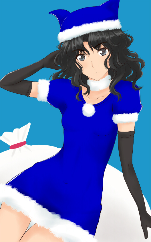 1girl amagami black_eyes black_gloves black_hair blue_background choker elbow_gloves facing_viewer fur_trim gloves hand_on_own_head hat long_hair looking_at_viewer messy_hair microdress sack santa_costume santa_hat simple_background solo takemi_kaoru tanamachi_kaoru thigh_gap thighs