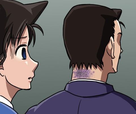 1boy 1girl black_hair blue_eyes bruise empty_eyes injury looking_at_another lowres meitantei_conan monkuni mouri_kogoro mouri_ran nape