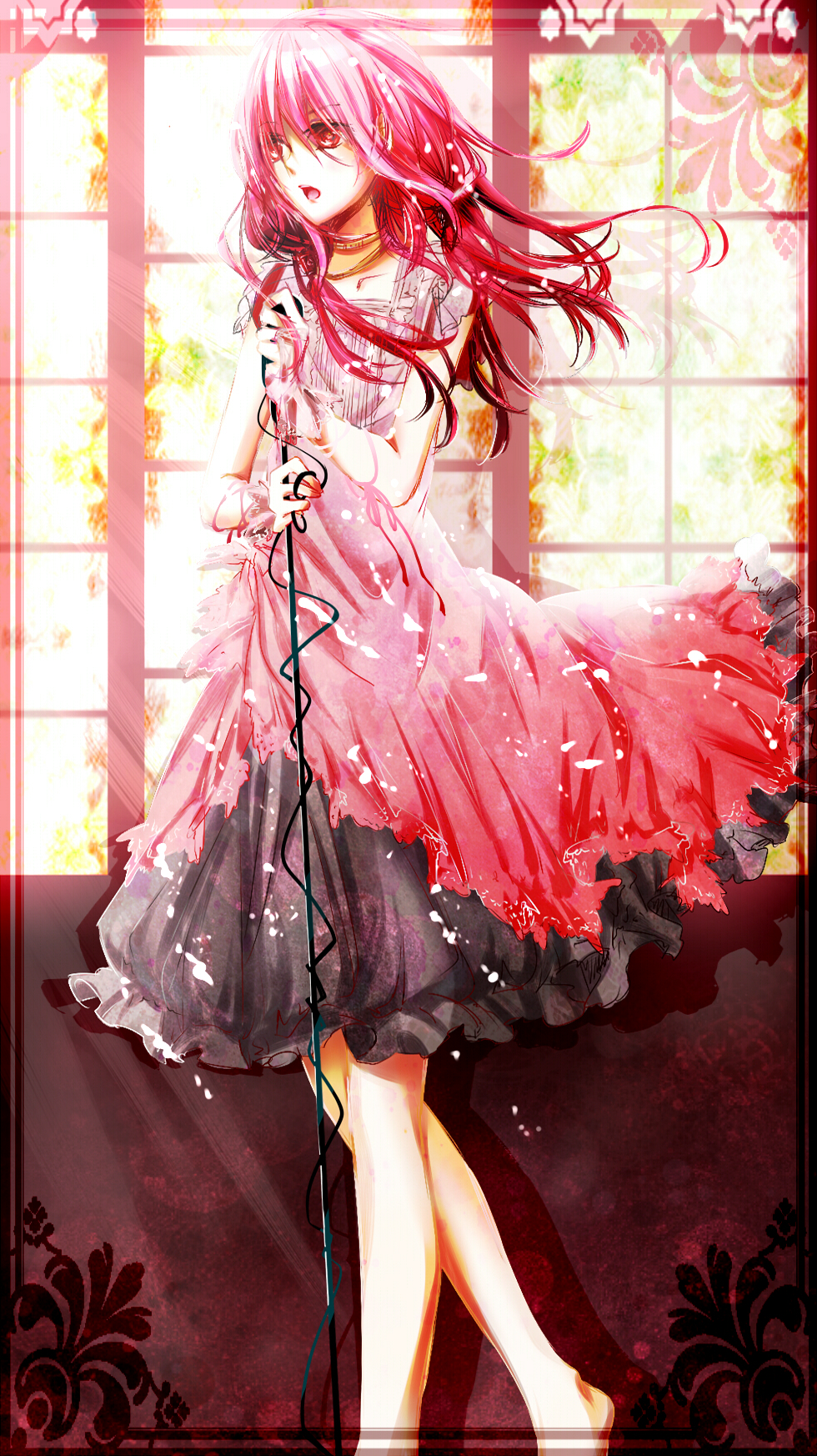 1girl 2_alice_2 barefoot dress guilty_crown highres long_hair microphone open_mouth pink_hair red_eyes solo yuzuriha_inori