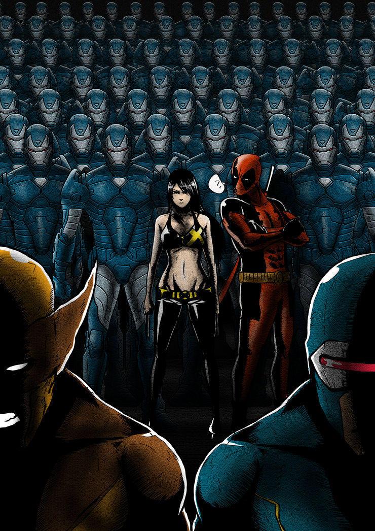 1girl 3boys ? bikini_top black_hair claws clenched_teeth crossed_arms cyclops_(x-men) deadpool groin hair_over_one_eye iron_man laura_kinney marvel midriff multiple_boys navel spoken_question_mark superhero tryvor wolverine x-23