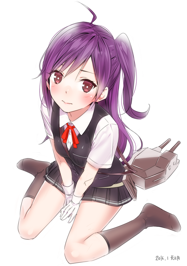 1girl ahoge ama_mitsuki between_legs black_legwear black_vest blush breasts cannon collar commentary_request dress_shirt frown gloves hagikaze_(kantai_collection) hand_between_legs horizontal_stripes kantai_collection long_hair looking_at_viewer machinery neck_ribbon pleated_skirt purple_hair ribbon rigging school_uniform shirt short_sleeves side_ponytail simple_background sitting skirt socks solo tears turret uniform very_long_hair vest violet_eyes wariza white_background white_gloves