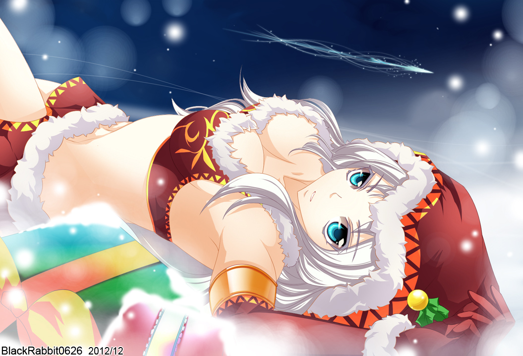 1girl ashe_(league_of_legends) blue_eyes breasts cleavage elbow_gloves gloves hat league_of_legends long_hair looking_at_viewer lying on_back red_gloves rokugatsu_no_usagi santa_hat sideboob sivler_hair snow solo