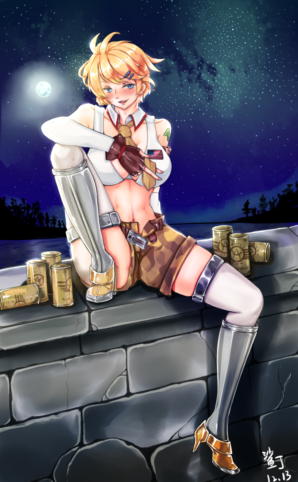 1girl artist_request blonde_hair blush breasts can detached_sleeves fingerless_gloves full_moon gloves highres midriff moon navel necktie short_hair short_shorts shorts skindentation smile solo star tennessee_(zhan_jian_shao_nyu) thigh-highs tree unbuttoned undone_belt water zhan_jian_shao_nyu