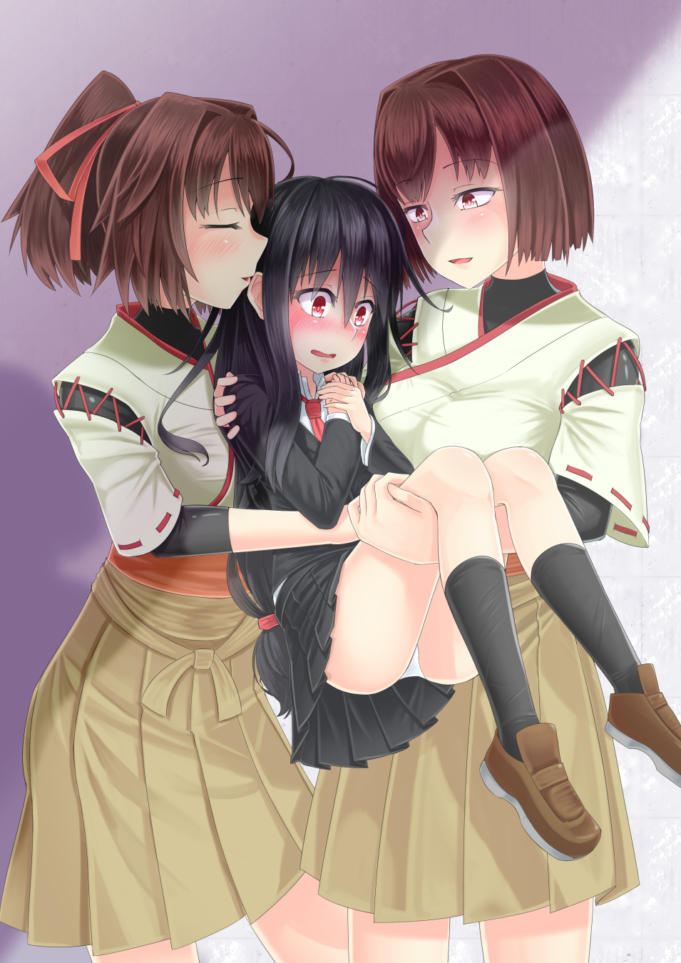 3girls black_hair blush brown_hair carrying closed_eyes commentary_request girl_sandwich hatsushimo_(kantai_collection) highres hyuuga_(kantai_collection) incipient_kiss ise_(kantai_collection) kantai_collection multiple_girls open_mouth panties pantyshot princess_carry red_eyes sandwiched short_hair skirt underwear yuri zaki_(2872849)