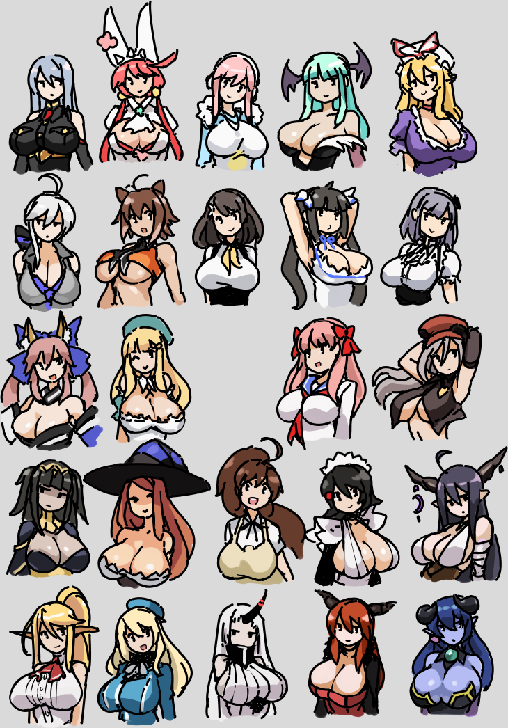 6+girls ahoge alisa_ilinichina_amiella animal_ears armpits astaroth_(shinrabanshou) atago_(kantai_collection) blazblue blue_hair breasts caster_(fate/extra) centorea_shianus character_request chibi cleavage cleavage_cutout crossover danua dragon's_crown dungeon_ni_deai_wo_motomeru_no_wa_machigatteiru_darou_ka elphelt_valentine eu03 fate/extra fate_(series) fire_emblem fire_emblem:_kakusei gatchaman_crowds god_eater god_eater_burst granblue_fantasy guilty_gear guilty_gear_xrd hestia_(danmachi) horn horns horse_ears ichinose_hajime iroha_(samurai_spirits) kantai_collection large_breasts makoto_nanaya maou_(maoyuu) maoyuu_maou_yuusha monster_musume_no_iru_nichijou morrigan_aensland multiple_crossover multiple_girls nitroplus portrait samurai_spirits seaport_hime selvaria_bles senjou_no_valkyria senjou_no_valkyria_1 shinrabanshou sorceress_(dragon's_crown) super_sonico taneshima_popura tharja touhou trait_connection vampire_(game) vocaloid working!! yakumo_yukari yowane_haku