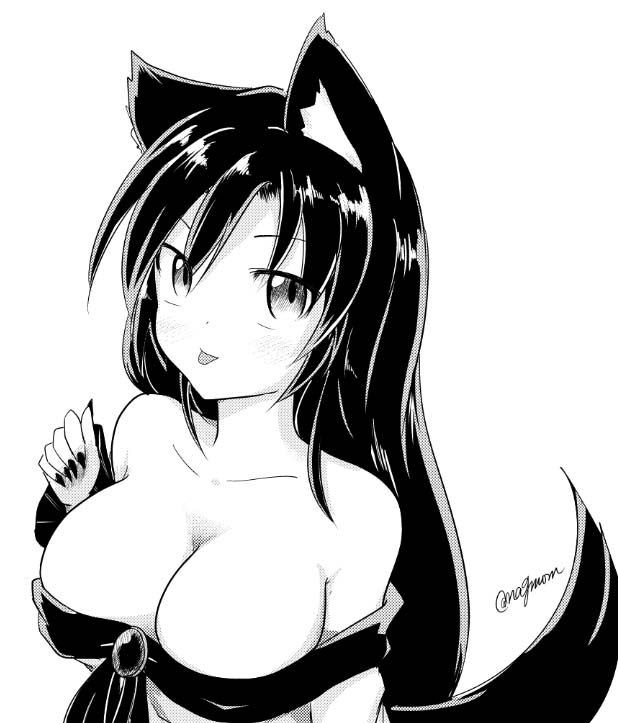 1girl animal_ears breasts brooch cleavage collarbone dress fingernails imaizumi_kagerou jewelry large_breasts long_hair long_sleeves looking_at_viewer looking_up monochrome nail_polish open_mouth signature simple_background solo tail taurine_8000mg tongue tongue_out touhou white_background wide_sleeves wolf_ears wolf_tail