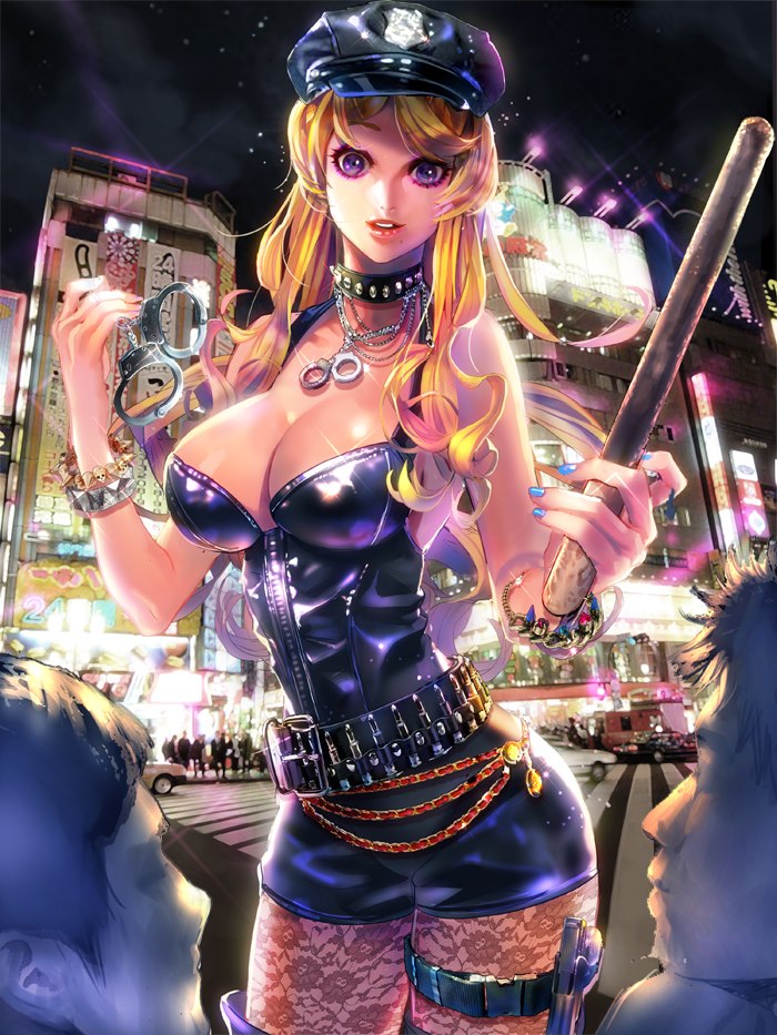 1girl bangs belt blonde_hair blue_nails bracelet breasts building bullet car cartridge chain city cleavage collar cowboy_shot crowd cuffs eyelashes faceless furyou_michi_~gang_road~ handcuffs hat holding imp_(sksalfl132) jewelry lace_legwear lamp large_breasts lens_flare long_hair looking_at_viewer motor_vehicle multiple_boys nail_polish night night_sky outdoors pantyhose parted_lips road skull sky sleeveless solo_focus spiked_collar spikes street thigh_strap unitard vehicle violet_eyes
