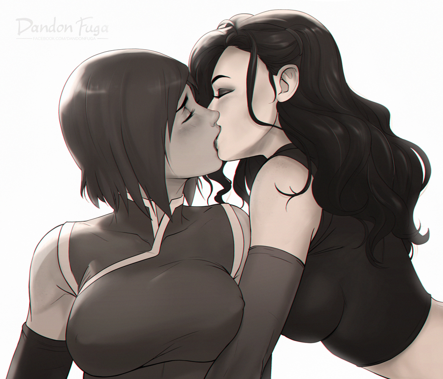 2girls alternate_hair_length alternate_hairstyle artist_name asami_sato avatar:_the_last_airbender bare_shoulders blush breasts closed_eyes couple crop_top dandon_fuga dark_skin detached_sleeves eyelashes eyeshadow greyscale kiss korra large_breasts long_hair makeup midriff monochrome multiple_girls short_hair the_legend_of_korra very_short_hair watermark wavy_hair web_address yuri