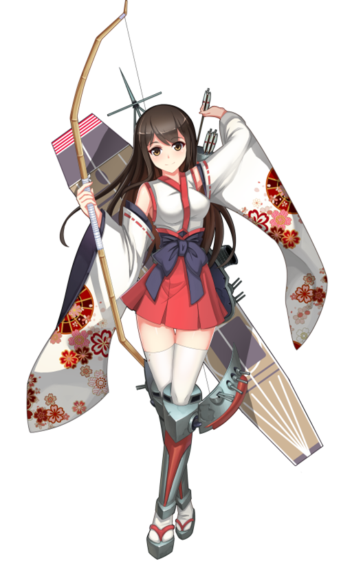 1girl arrow blush bow bow_(weapon) breasts brown_eyes brown_hair crossed_legs detached_sleeves flight_deck floral_print full_body geta holding_weapon japanese_clothes kantai_collection kimono large_breasts light_smile long_hair looking_at_viewer miko miniskirt original pleated_skirt quiver qx-cg ribbon-trimmed_sleeves ribbon_trim simple_background skirt solo standing straight_hair thigh-highs weapon white_background white_legwear wide_sleeves zettai_ryouiki