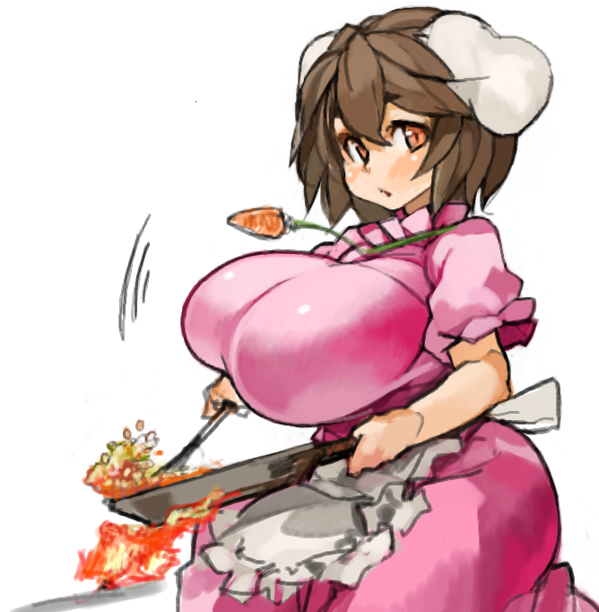 1girl alternate_breast_size animal_ears apron breasts brown_hair cooking fire frying_pan huge_breasts inaba_tewi jewelry necklace rabbit_ears red_eyes sachito short_hair solo touhou