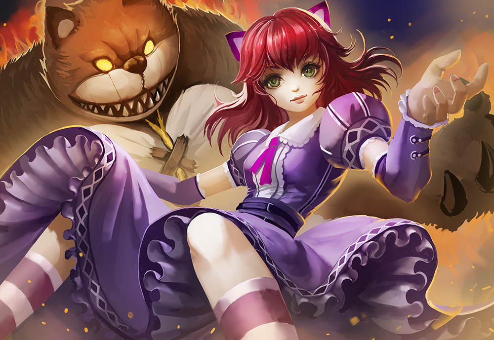 1girl animal animal_ears annie_hastur bangs cat closed_mouth detached_sleeves dress frills glowing glowing_eyes green_eyes kaze_no_gyouja kneehighs league_of_legends light_smile long_hair looking_at_viewer nail_polish neck_ribbon outstretched_arms pink_nails puffy_short_sleeves puffy_sleeves purple_dress purple_ribbon redhead ribbon sash sharp_teeth short_sleeves striped striped_legwear upskirt