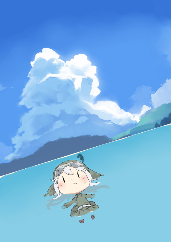 1girl akiha_(attract) beach belt blue_sky blush buttons chibi clouds collar dutch_angle fairy_(kantai_collection) forest full_body goggles goggles_on_head headgear helmet kantai_collection long_sleeves military military_uniform minigirl mountain nature ocean open_mouth outstretched_arms personification sand skirt sky smile smoke solo swimming uniform water world_war_ii |_|