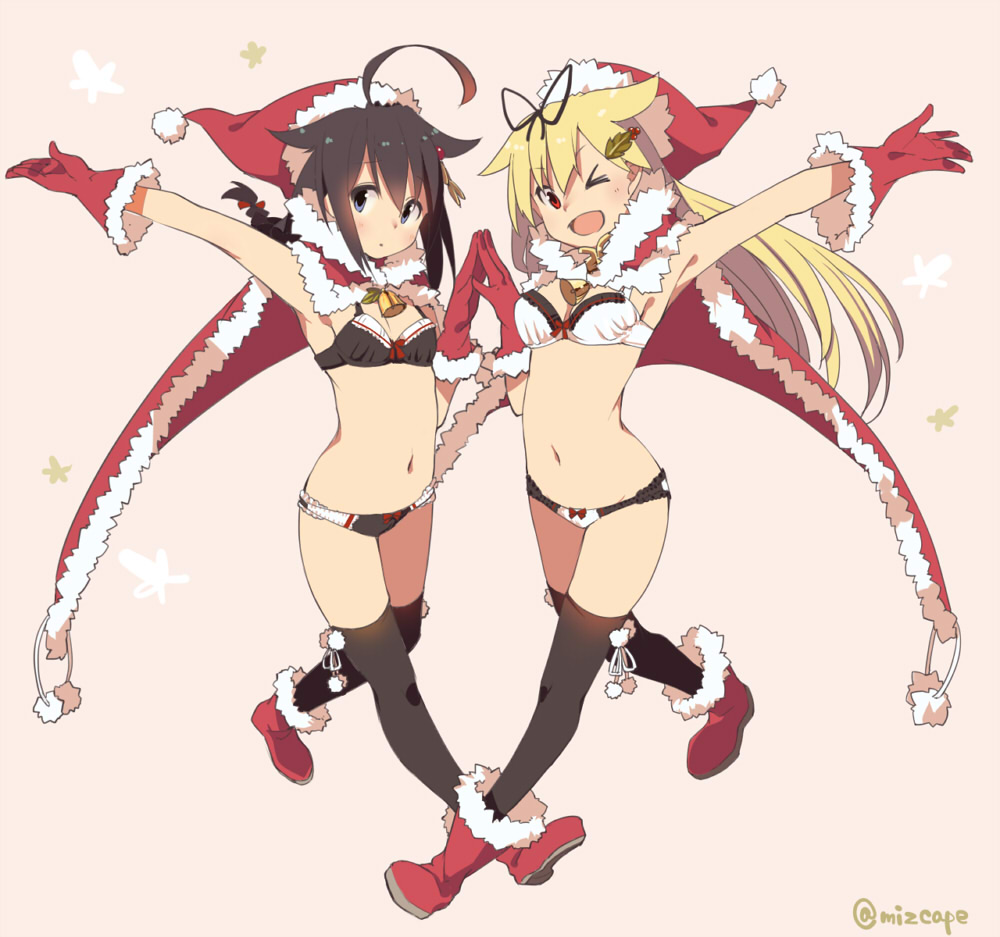 2girls ;d ahoge arm_up armpits bell black_bra black_hair black_legwear black_panties blonde_hair blush boots bow bow_panties bra braid breasts cape chig_(mizusaki) cleavage fur_trim gloves hair_flaps hair_ornament hairclip hat kantai_collection leaf_hair_ornament multiple_girls navel one_eye_closed open_mouth panties red_eyes red_gloves santa_hat shigure_(kantai_collection) simple_background single_braid sketch small_breasts smile thigh-highs underwear underwear_only white_bra white_panties yuudachi_(kantai_collection)