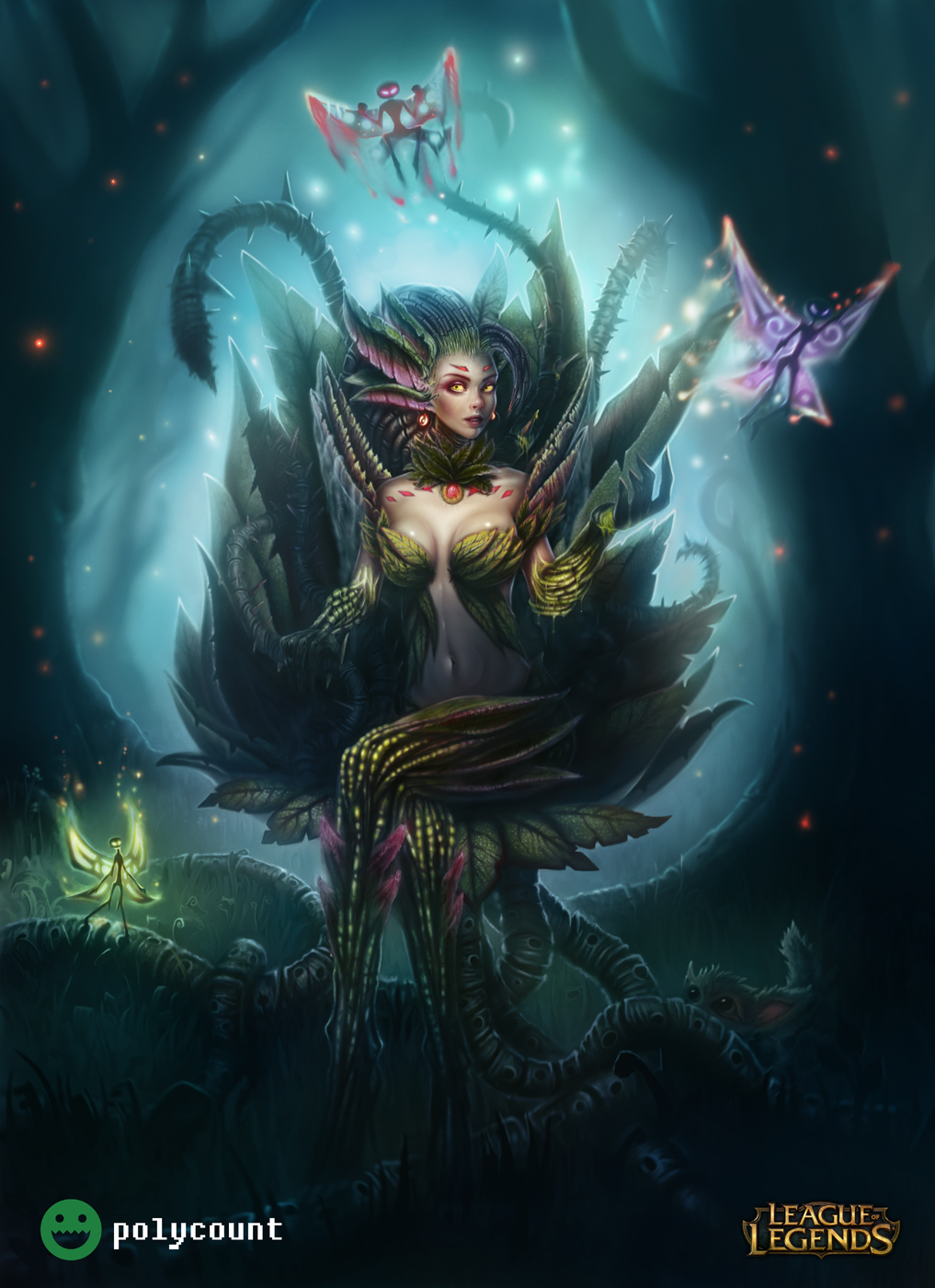 1girl breasts cleavage copyright_name dgatrick fairy full_body highres leaf leaf_bra league_of_legends midriff monster_girl navel open_mouth outdoors outstretched_hand plant_girl root roots sitting solo_focus thorns vines watermark yellow_eyes zyra