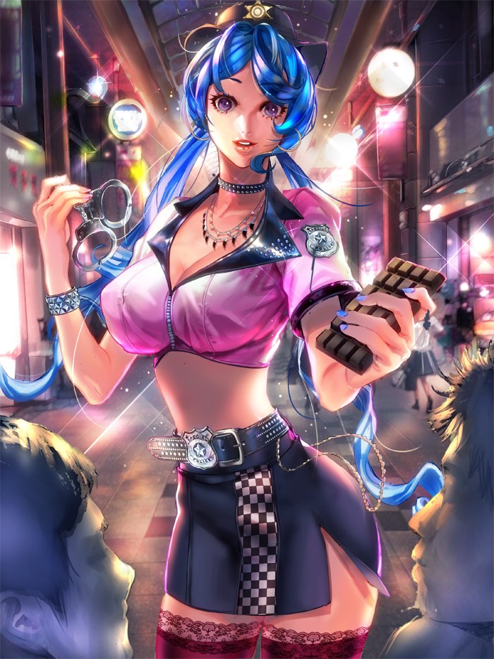 1girl badge bangs belt black_skirt blue_hair blue_nails bracelet breasts ceiling checkered cleavage collar cowboy_shot crop_top cuffs earrings eyebrows eyebrows_visible_through_hair eyelashes faceless furyou_michi_~gang_road~ handcuffs hat holding hoop_earrings imp_(sksalfl132) jewelry lace_legwear lamp large_breasts lens_flare long_hair looking_at_viewer low_twintails midriff miniskirt multiple_boys nail_polish necklace night night_sky outdoors parted_lips pencil_skirt pink_shirt police police_uniform policewoman red_legwear shirt short_sleeves skirt sky solo_focus sparkle spiked_bracelet spiked_collar spikes storefront thigh-highs tile_floor tiles twintails uniform very_long_hair violet_eyes
