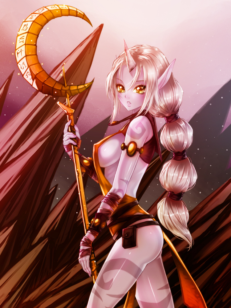 1girl blush breasts crescent horn large_breasts league_of_legends long_hair looking_at_viewer looking_to_the_side pointy_ears ponytail purple_skin sideboob solo soraka staff tattoo very_long_hair waterring white_hair yellow_eyes