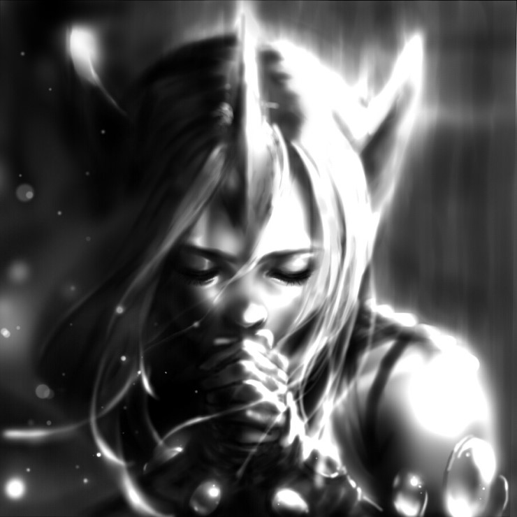 1girl artist_request closed_eyes greyscale hands_together horn league_of_legends long_hair monochrome pointy_ears solo soraka