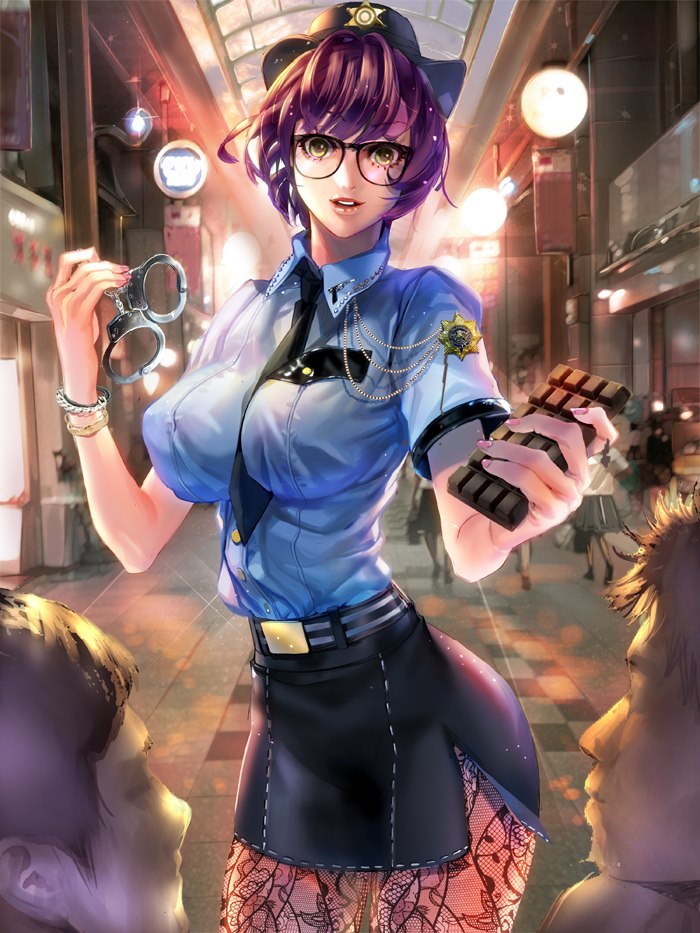 1girl aiguillette badge bangs belt between_breasts black-framed_glasses black_necktie black_skirt blue_shirt bracelet breasts ceiling checkered collared_shirt cowboy_shot cuffs dress_shirt eyelashes faceless furyou_michi_~gang_road~ handcuffs hat holding imp_(sksalfl132) jewelry lace_legwear lamp large_breasts lens_flare looking_at_viewer miniskirt multiple_boys nail_polish night outdoors pantyhose parted_lips pencil_skirt pink_nails police police_uniform policewoman purple_hair shirt short_hair short_sleeves side_slit skirt solo_focus stitches storefront tile_floor tiles uniform yellow_eyes
