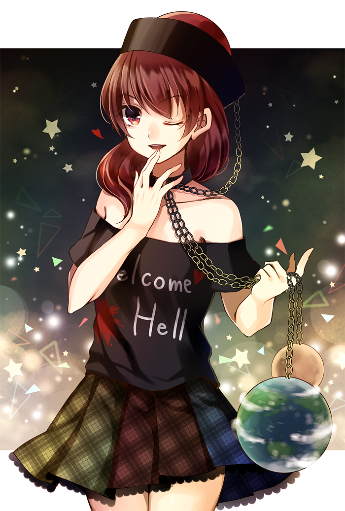 1girl bare_shoulders brown_hair chain clothes_writing collar earth_(ornament) finger_to_mouth heart hecatia_lapislazuli kaede_(mmkeyy) long_hair moon_(ornament) one_eye_closed pleated_skirt skirt solo star touhou
