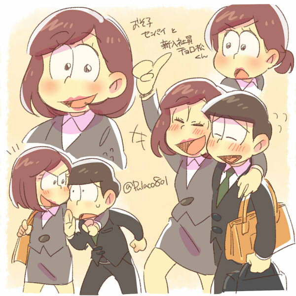 1boy 1girl alternate_hairstyle arm_around_shoulder bag blush bowl_cut briefcase brown_hair formal green_necktie heart heart_in_mouth lipstick makeup matsuno_choromatsu office_lady osoko_(osomatsu-san) osomatsu-kun osomatsu-san pant_suit pulaco salaryman short_hair short_ponytail shoulder_bag skirt_suit smile suit triangle_mouth