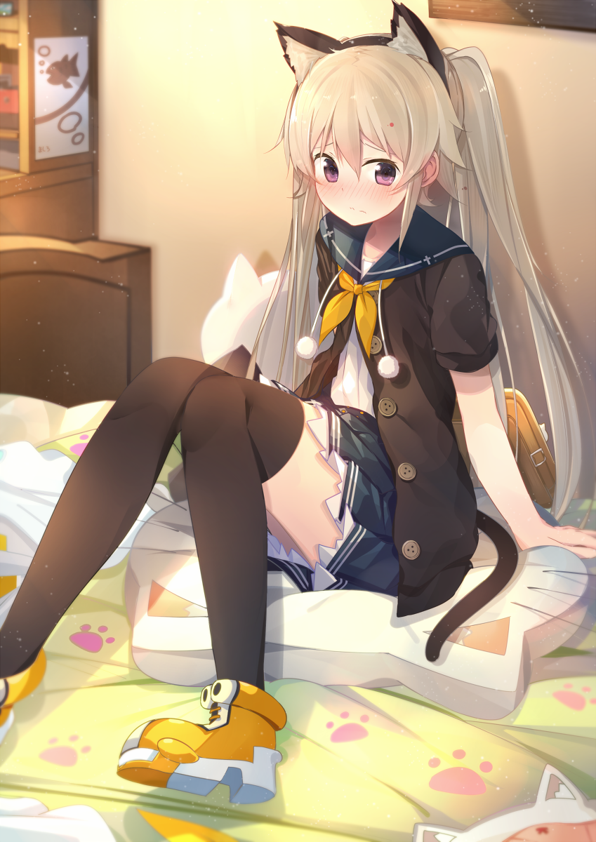 1girl animal_ears ao_no_kanata_no_four_rhythm arisaka_mashiro arm_support bag bangs bedroom black_legwear blanket blue_skirt blurry blush brown_hair buttons cat_ears cat_pillow cat_tail closed_mouth cross_print drawing fake_animal_ears fish frown hair_between_eyes highres indoors jacket light_brown_hair long_hair nmaaaaa on_bed open_clothes open_jacket paper paw_print pillow pleated_skirt pom_pom_(clothes) ribbon school_uniform serafuku shadow shoes short_sleeves sitting skirt small_breasts solo stuffed_animal stuffed_cat stuffed_toy tail thigh-highs twintails unbuttoned very_long_hair violet_eyes yellow_ribbon yellow_shoes