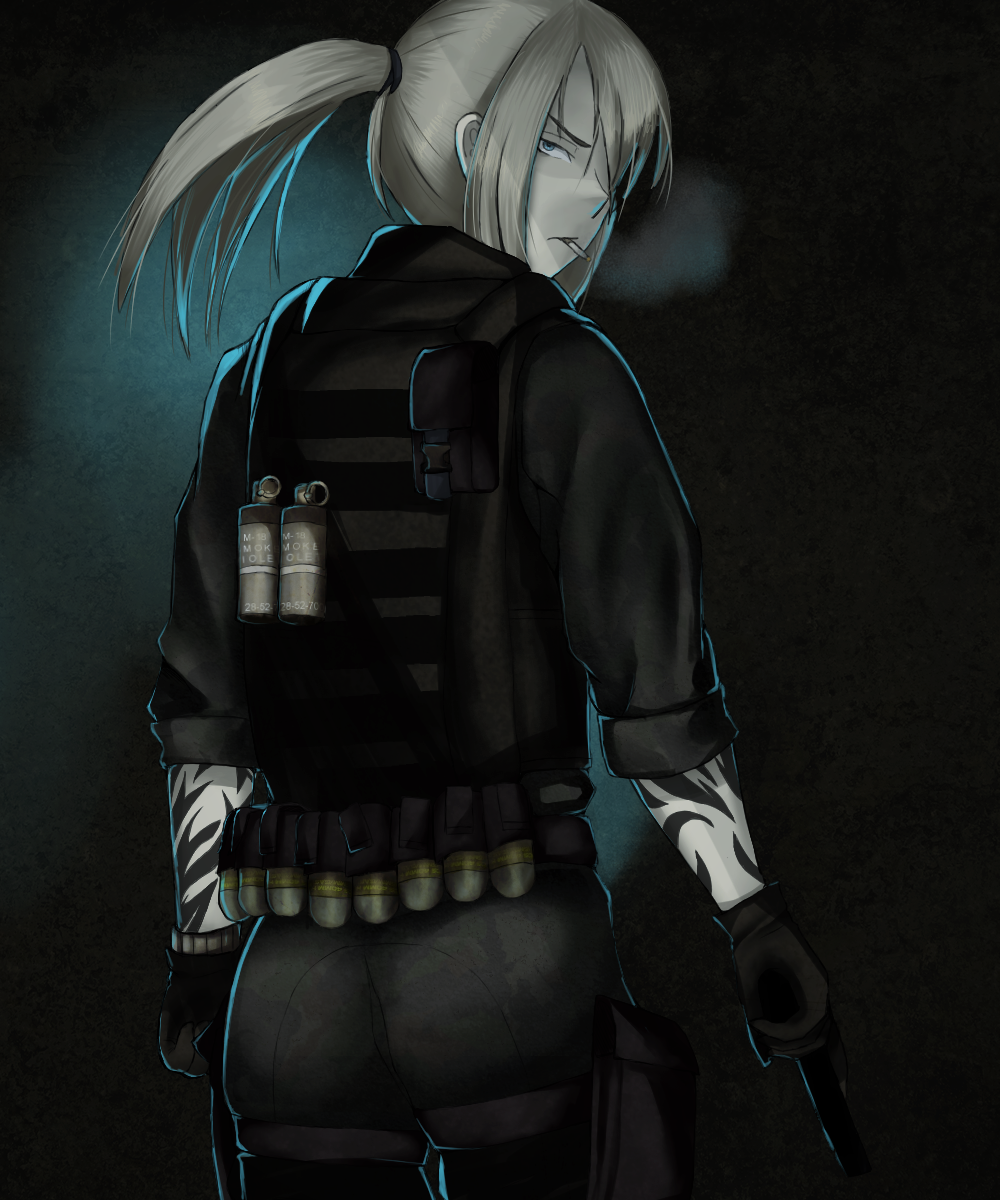 1girl androth battlefield_(series) battlefield_4 blonde_hair blue_eyes cargo_pants cigarette collaboration dark_background explosive fanom from_behind gloves grenade gun handgun hetza_(hellshock) highres long_hair looking_at_viewer looking_back military one_eye_covered pants pistol ponytail smoke smoke_grenade smoking suzumi_(hetza) tattoo watch weapon