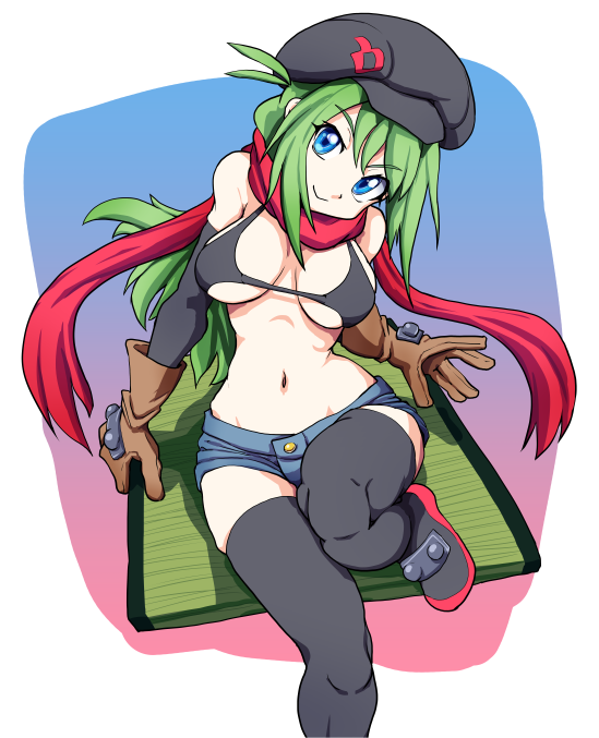 1girl artist_request bikini_top black_bikini_top black_legwear blue_eyes boots borrowed_character breasts brown_gloves cabbie_hat from_above gloves green_hair hat head_tilt large_breasts long_hair midriff navel original red_scarf scarf short_shorts shorts smile solo swimsuit thigh-highs thigh_boots