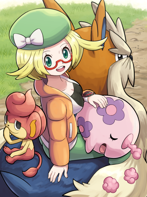 1girl bel_(pokemon) blonde_hair breasts cleavage glasses green_eyes hat hat_ribbon jacket large_breasts munna pansear pokemoa pokemon pokemon_(creature) pokemon_(game) pokemon_bw2 ribbon short_hair sitting stoutland