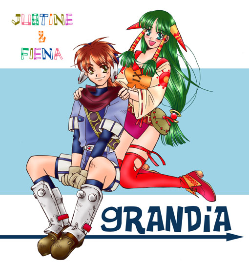 1boy 1girl character_name feena_(grandia) grandia grandia_i hands_on_shoulders justin_(grandia) kneeling sitting