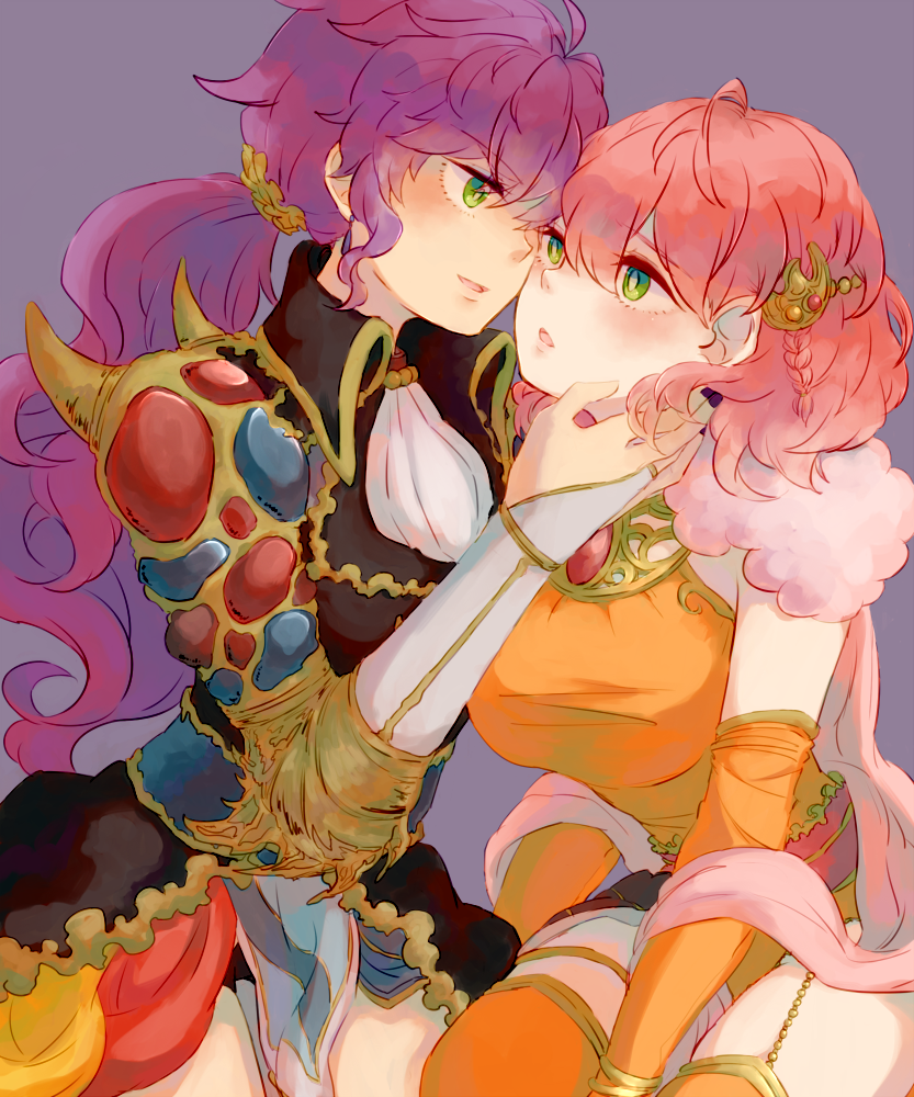 2girls armor ascot braid bridal_gauntlets dress faris_scherwiz final_fantasy final_fantasy_v green_eyes hair_ornament lenna_charlotte_tycoon low_ponytail multiple_girls open_mouth orange_dress orange_legwear pink_hair purple_hair siblings side_braid simple_background sisters sunagimo_(nagimo) thigh-highs zettai_ryouiki