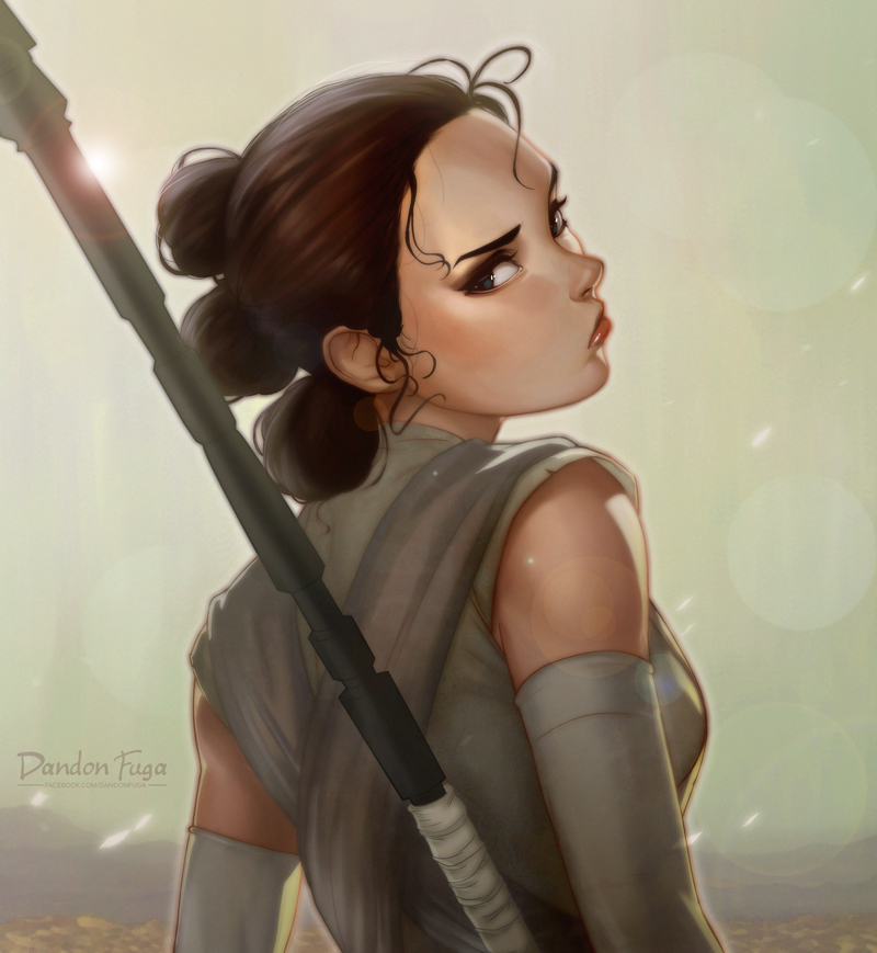 1girl artist_name blue_eyes brown_hair dandon_fuga detached_sleeves eyebrows forehead from_behind hair_bun lips looking_back nose over_shoulder pout rey_(star_wars) short_hair small_breasts solo staff star_wars star_wars:_the_force_awakens triple_bun upper_body watermark weapon weapon_over_shoulder web_address