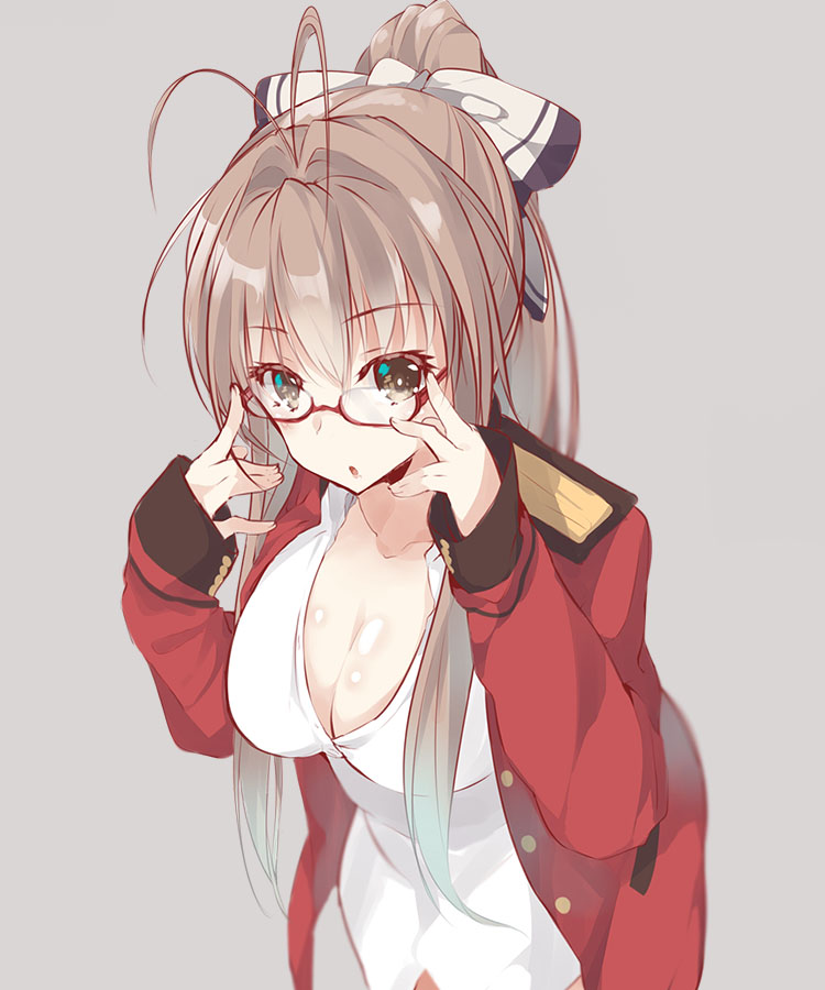 1girl :o amagi_brilliant_park antenna_hair bespectacled breasts brown_eyes brown_hair cleavage glasses grey_background large_breasts long_hair looking_at_viewer minari_(haib) ponytail red-framed_glasses semi-rimless_glasses sento_isuzu simple_background solo under-rim_glasses