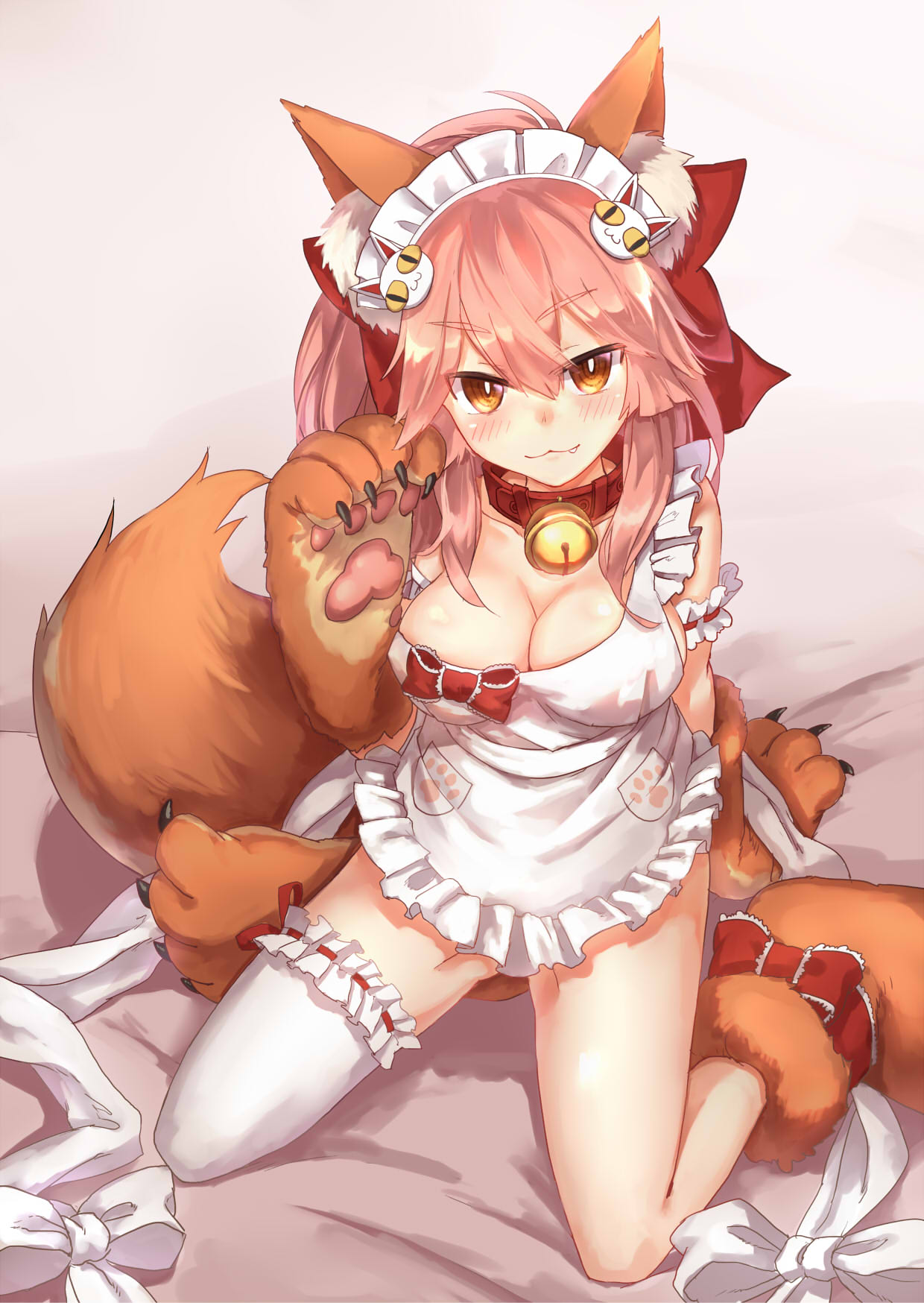 1girl :3 animal_ear_fluff animal_ears apron bell bell_collar blush breasts caster_(fate/extra) cleavage collar collarbone fate/grand_order fate/stay_night fate_(series) fox_ears fox_tail hair_ornament hair_ribbon hankon highres large_breasts long_hair looking_at_viewer naked_apron pink_eyebrows pink_hair red_collar ribbon solo tail tamamo_cat_(fate/grand_order) thigh-highs type-moon white_apron white_legwear yellow_eyes