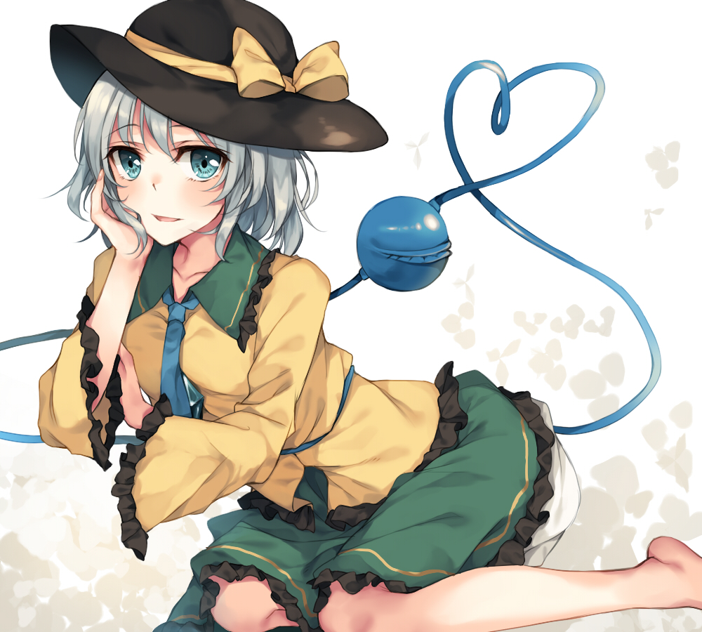 1girl arm_support barefoot bloomers bow grey_eyes hat hat_bow heart heart_of_string komeiji_koishi long_sleeves looking_at_viewer necktie rinarisa shirt silver_hair skirt smile solo third_eye touhou underwear wide_sleeves