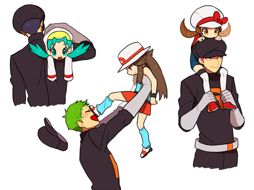 3boys 3girls ^_^ aqua_eyes aqua_hair arms_up back belt black_hair blue_(pokemon) blue_legwear blush bow brown_eyes brown_hair carrying carrying_over_shoulder child closed_eyes closed_mouth clothes_writing crystal_(pokemon) foot_on_face frown full-face_blush gloves hair_flaps hand_on_another's_back hands_on_another's_head hands_up hat hat_bow hat_removed hat_ribbon headwear_removed kneehighs kotone_(pokemon) li_sakura long_sleeves looking_at_another multiple_boys multiple_girls open_mouth overalls pants person_over_shoulder pink_hair pokemon pokemon_(game) pokemon_frlg pokemon_gsc pokemon_hgss profile red_bow red_ribbon red_shoes red_skirt ribbon shaded_face shirt shoes simple_background sitting_on_shoulder skirt sleeveless sleeveless_shirt smile team_rocket team_rocket_grunt thigh-highs twintails uniform white_background white_legwear wrist_grab wristband yellow_eyes younger