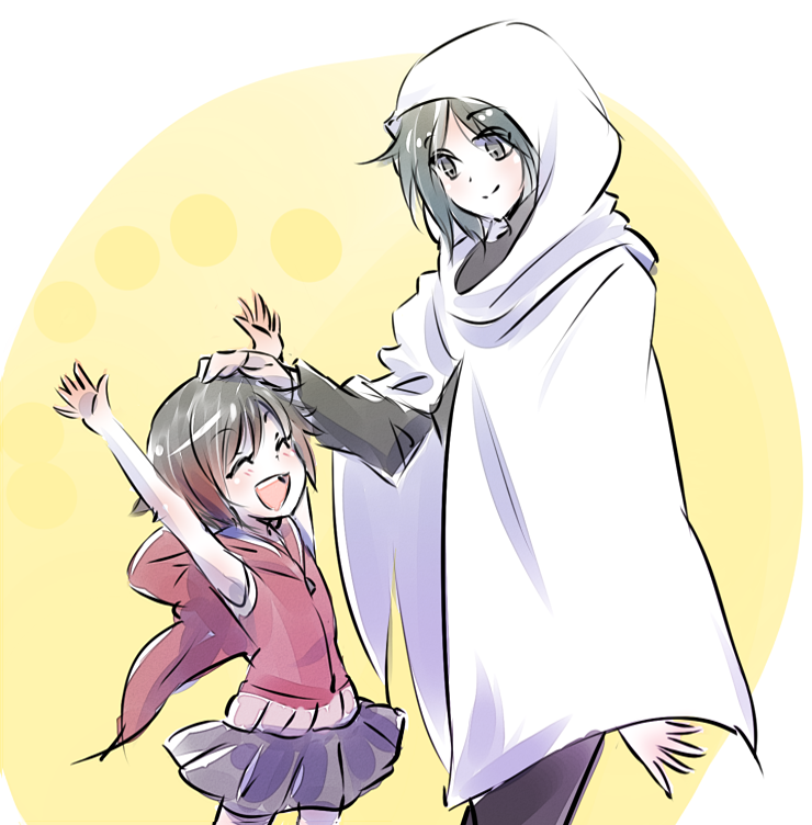 2girls arms_up child hooded_cloak iesupa mother_and_daughter multiple_girls patting_head ruby_rose rwby skirt smile summer_rose younger