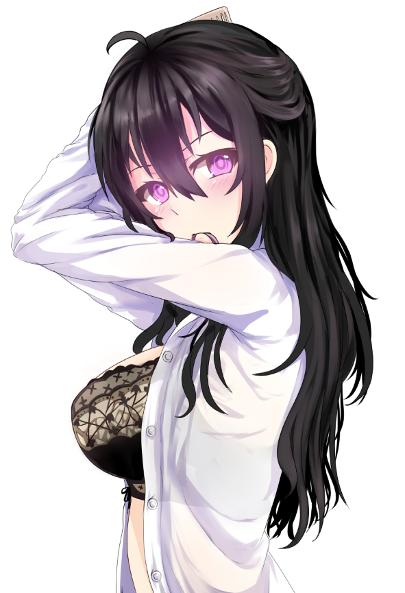 1girl ahoge antenna_hair beifeng_han black_bra black_hair blouse bra breasts comb combing from_side hair_between_eyes large_breasts long_hair looking_at_viewer miyaura_sanshio mouth_hold open_blouse open_clothes original solo underwear violet_eyes wavy_hair white_blouse